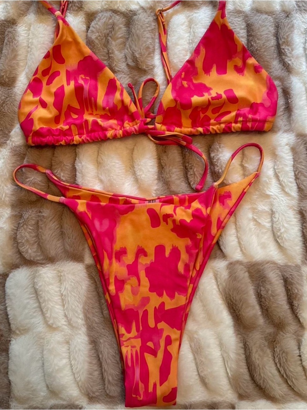 SHEIN Pink and Orange Abstract Print Triangle Bikini